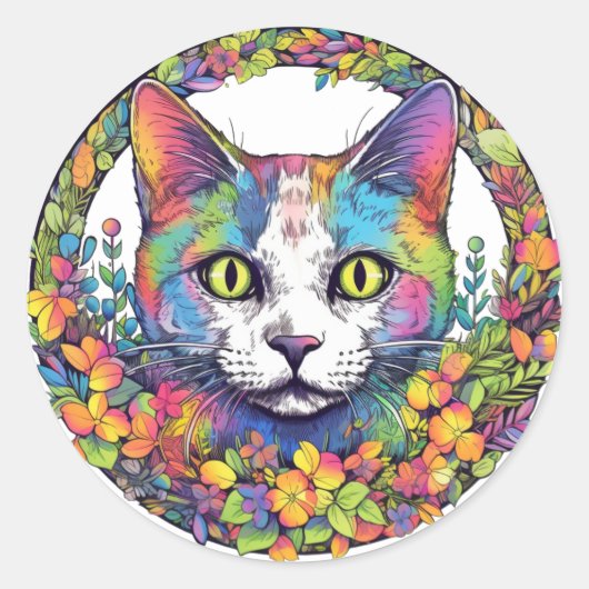 カラフルな猫のステッカー ラウンドシール (正面)
