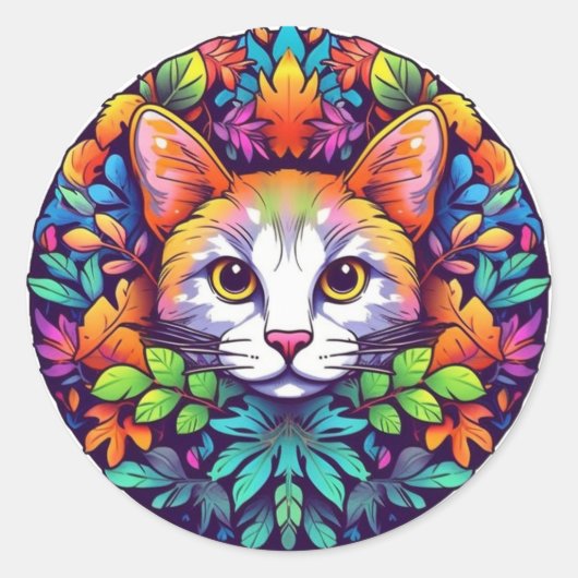カラフルな猫のステッカー ラウンドシール (正面)