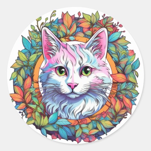 カラフルな猫のステッカー ラウンドシール (正面)