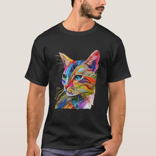 カラフルな猫のソーイングプリント Tシャツ (正面)