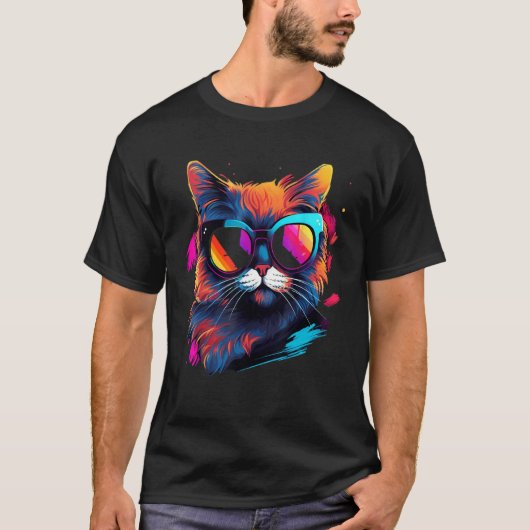 カラフルな猫のデザイン、黒、黄、白、青 Tシャツ (正面)