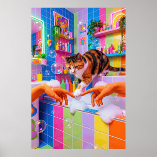 カラフルな猫のバスルーム壁画 ポスター