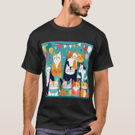 カラフルな猫のパーティーお祝い楽しい誕生日デザイン Tシャツ