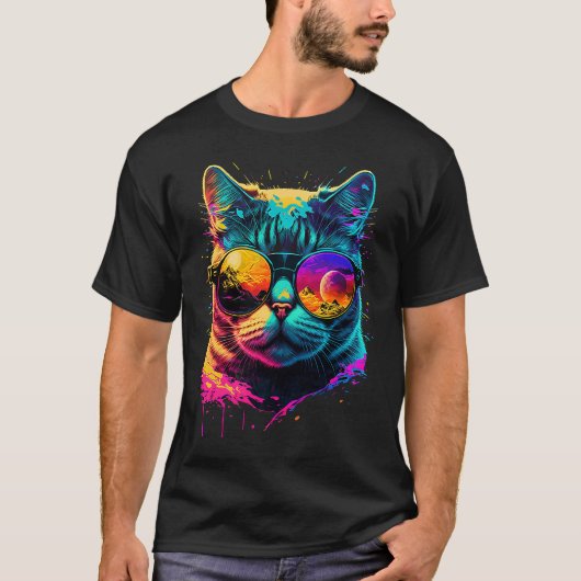 カラフルな猫のメガネグラフィック Tシャツ (正面)