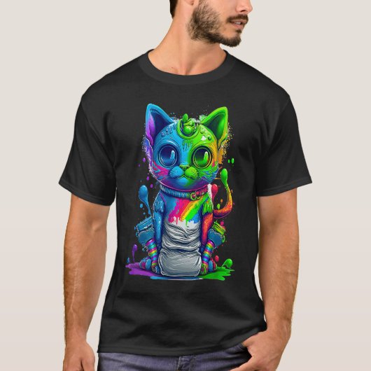 カラフルな猫の3D抽象ベクター猫 Tシャツ (正面)