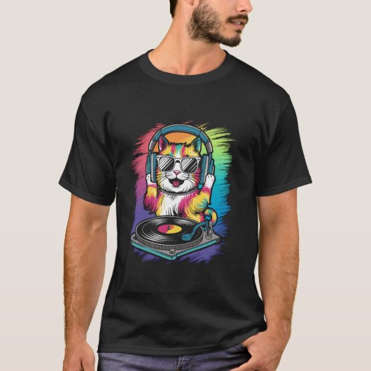 カラフルな猫サングラス ヘッドホン Tシャツ (正面)