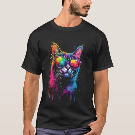 カラフルな猫サングラス Tシャツ (正面)