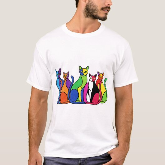 カラフルな猫パーティー Tシャツ (正面)