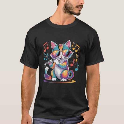 カラフルな猫 サングラスをかけた猫がフルートを演奏 Tシャツ (正面)