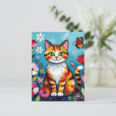 カラフルな猫、花と蝶々  ポストカード (スタンド正面)