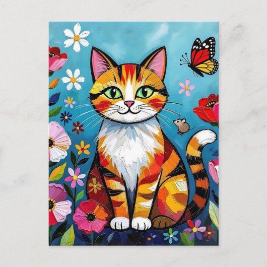 カラフルな猫、花と蝶々  ポストカード (正面)