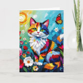 カラフルな猫、花と蝶の誕生日 カード (正面)