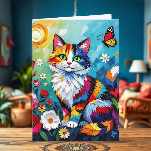 カラフルな猫、花と蝶の誕生日 カード