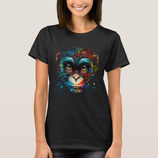 カラフルな猿の顔 かわいい動物 お猿の絵 Tシャツ (正面)