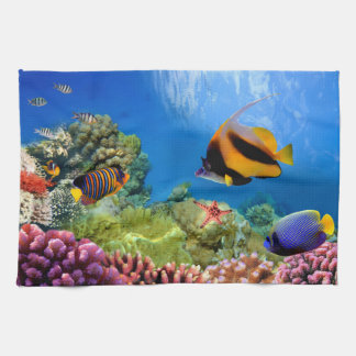 カラフルな珊瑚及び熱帯魚 キッチンタオル
