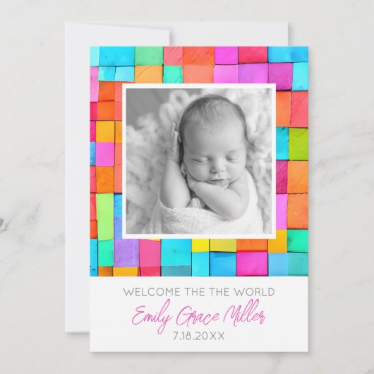 カラフルな現代アートの写真を使ったベビーお知らせカード シーズンカード (正面)