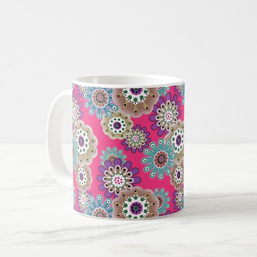 カラフルな田舎風の花柄 レトロ コーヒーマグカップ (正面左)