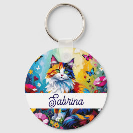 カラフルな盛り上げ絵画の猫と花 キーホルダー