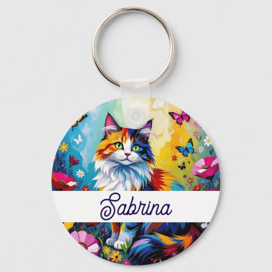カラフルな盛り上げ絵画の猫と花 キーホルダー (正面)