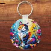 カラフルな盛り上げ絵画の猫と花 キーホルダー (裏面)