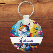 カラフルな盛り上げ絵画の猫と花 キーホルダー (正面)