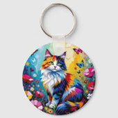 カラフルな盛り上げ絵画の猫と花 キーホルダー (裏面)
