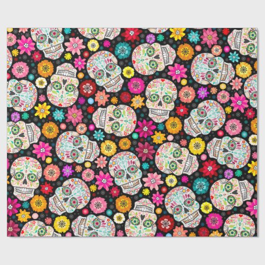 カラフルな砂糖のスカルおよび花のフェスタの黒の覆い ラッピングペーパー (フラット)