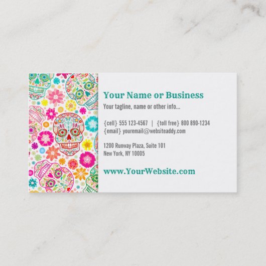 カラフルな砂糖のスカルおよび花のフェスタ 名刺 (裏面)