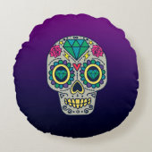 カラフルな砂糖のスカルの紫色のグラデーション ラウンドクッション (正面)