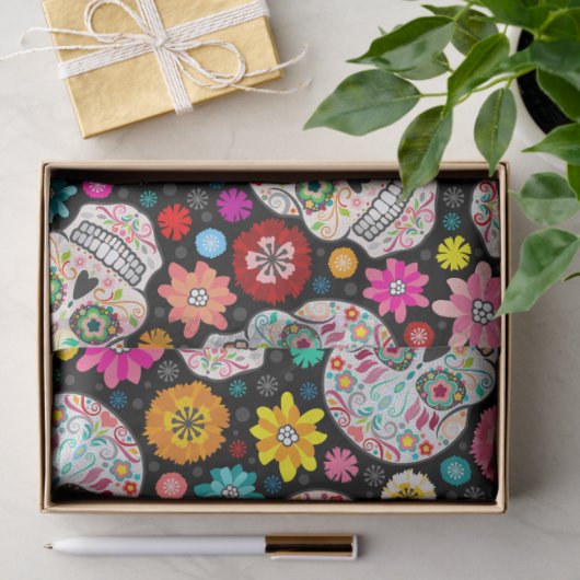 カラフルな砂糖のスカルの花のフェスタの黒 薄葉紙 (ギフト)