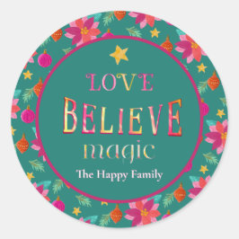 カラフルな祭りの花 Believe クリスマス ラウンドシール