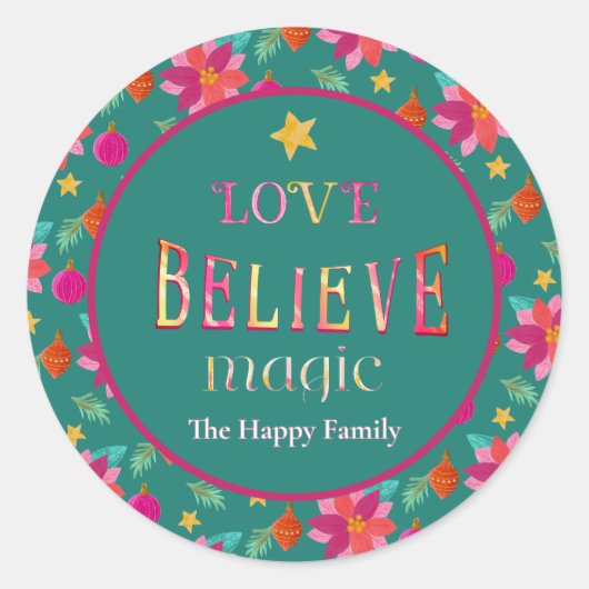 カラフルな祭りの花 Believe クリスマス ラウンドシール (正面)