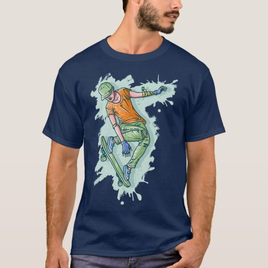 カラフルな空飛ぶスケーター、面白いイラスト Tシャツ (正面)
