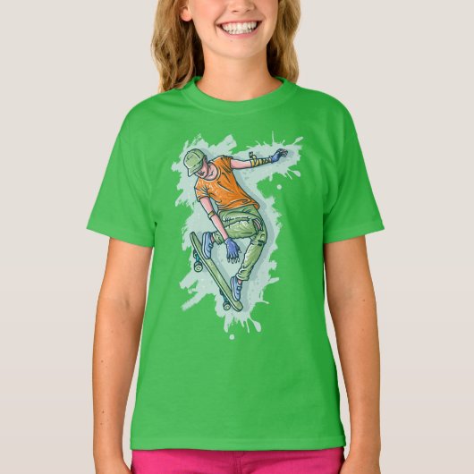 カラフルな空飛ぶスケーター、面白いイラスト Tシャツ (正面)