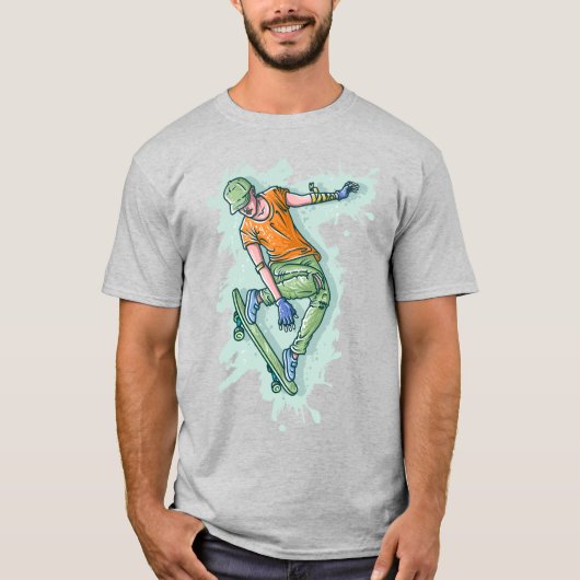 カラフルな空飛ぶスケーター、面白いイラスト Tシャツ (正面)