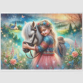 カラフルな童話の馬と花の女の子デコパージュ 薄葉紙 (正面)