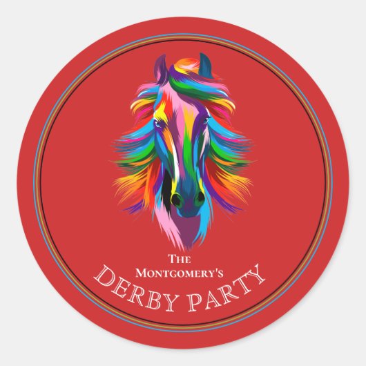 カラフルな競走馬ダービーパーティ レッド ラウンドシール (正面)