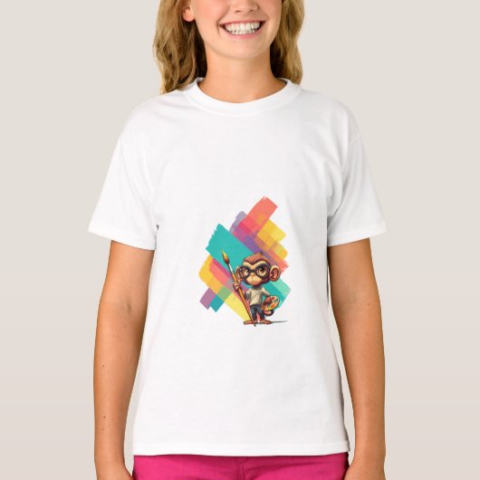 カラフルな筆致が特徴的な芸術的なサル画家 Tシャツ (正面)