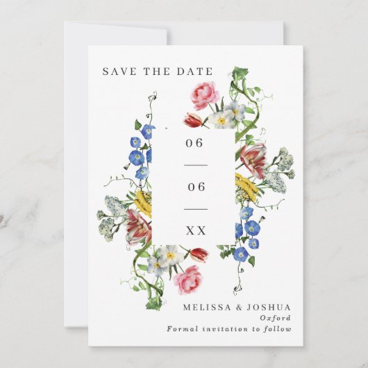 カラフルな筆致の野生の花の結婚式の写真 セーブザデート (正面)