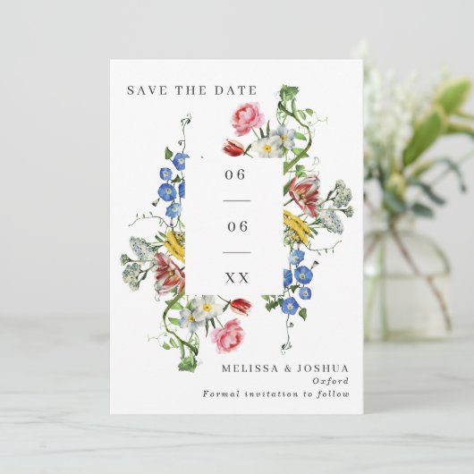 カラフルな筆致の野生の花の結婚式の写真 セーブザデート (スタンド正面)