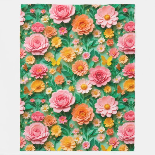 カラフルな紙の花と蝶々 フリースブランケット (正面)