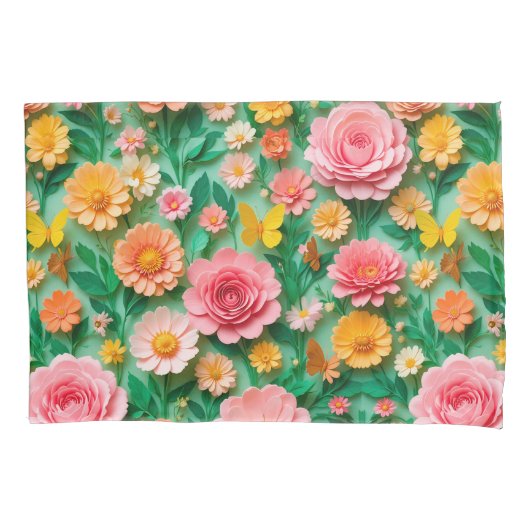 カラフルな紙の花と蝶々 枕カバー (正面)
