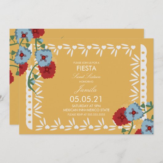 カラフルな紙の飾り ボタン ニカル ボタニカル フィエスタ スイート 16 メキシカン 招待状 (正面/裏面)