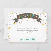 カラフルな紙吹雪で楽しい子供の1歳の誕生日パーティ サンキューカード (正面)