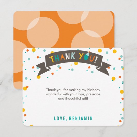 カラフルな紙吹雪で楽しい子供の1歳の誕生日 サンキューカード (正面/裏面)