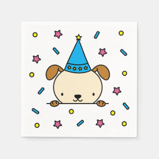 カラフルな紙吹雪とチョコスプレーで飾られた、誕生日パーティーの犬のイラスト スタンダードカクテルナプキン