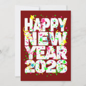 カラフルな紙吹雪と共に赤で表現された力強い2026年新年の挨拶 シーズンカード (正面)