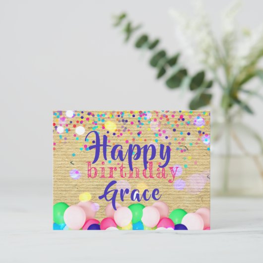 カラフルな紙吹雪と風船 お誕生日おめでとう ポストカード (スタンド正面)