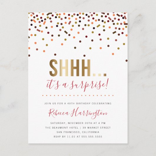 カラフルな紙吹雪Shhh… それはびっくりパーティです インビテーションポストカード (正面)