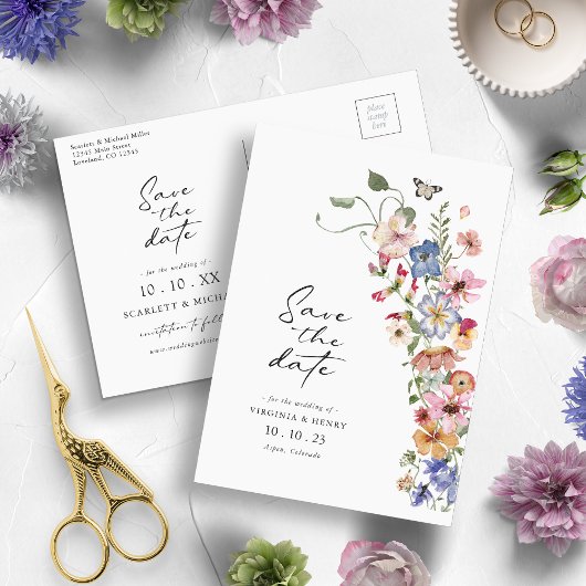 カラフルな結婚式のSave The Date ポストカード
